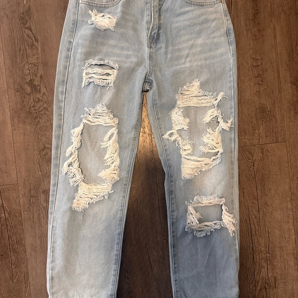 High Rise Light Blue Distressed Jeans - Picture 2 of 6